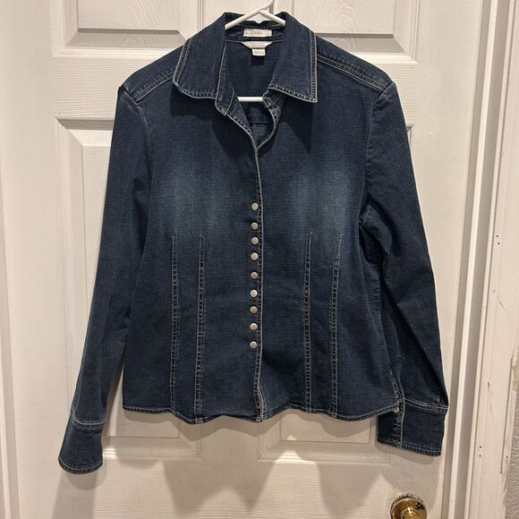 Christopher & Banks Women's Stretch Denim Blue Jean Jacket Snap Buttons Large - Picture 1 of 8